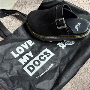 Dr. Martens Black Suede Buckle Clog with Yellow Stitching